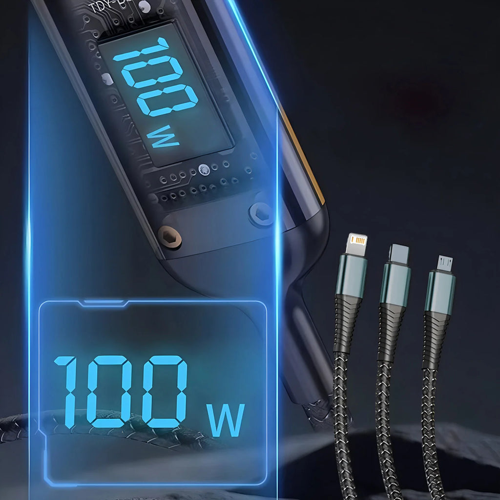 100W 3-in-1 Fast Charging Cable - USB-C, Lightning, & Micro USB
