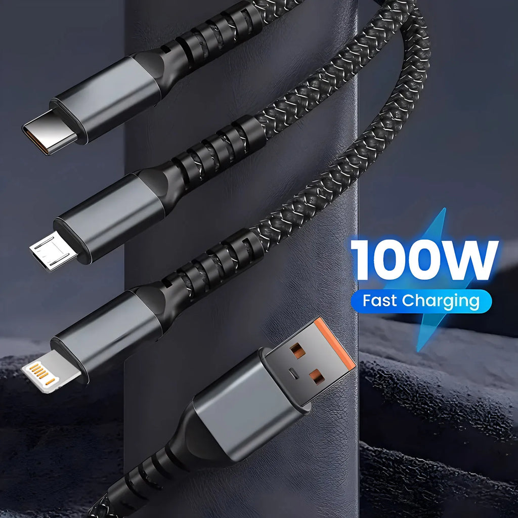 100W 3-in-1 Fast Charging Cable - USB-C, Lightning, & Micro USB