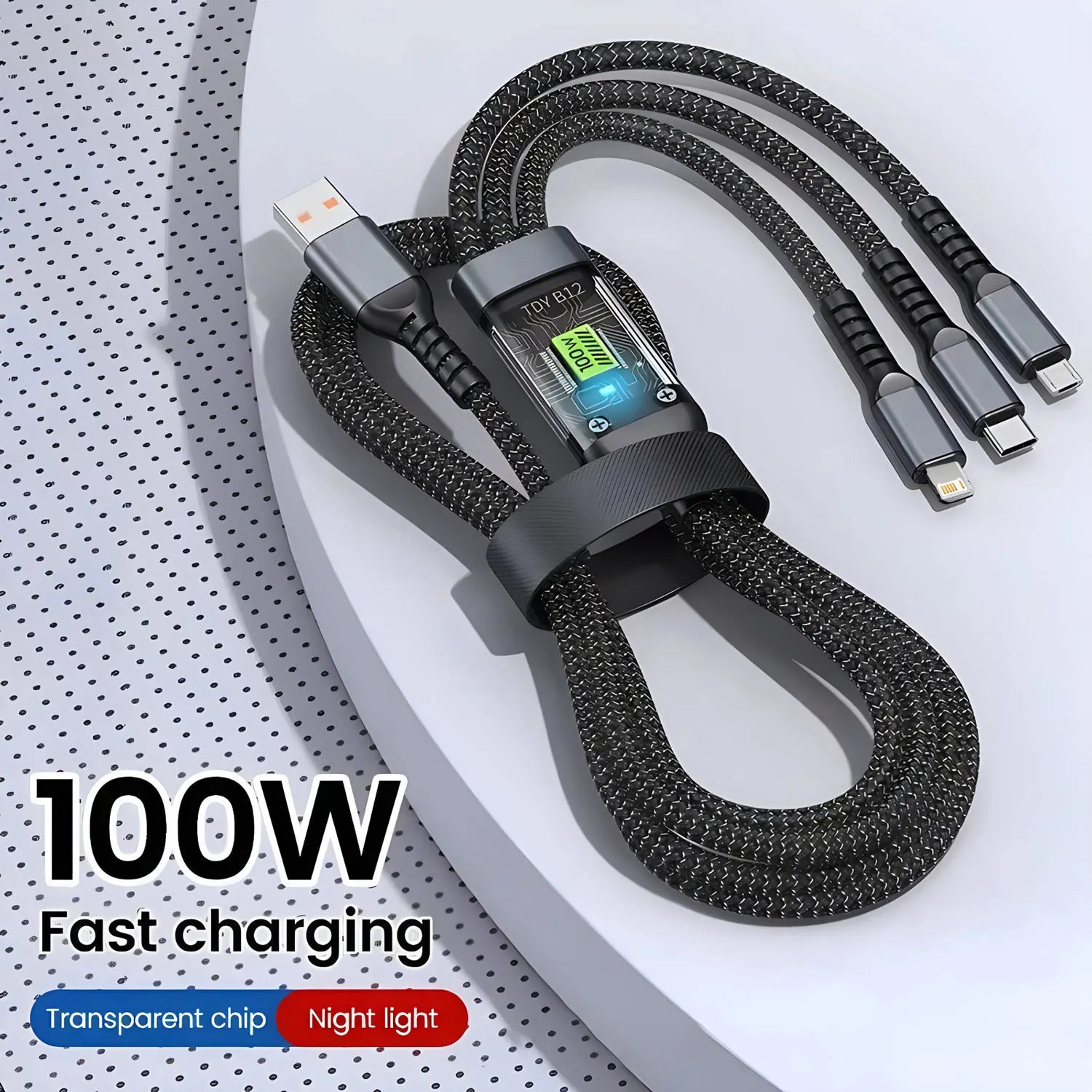 100W 3-in-1 Fast Charging Cable - USB-C, Lightning, & Micro USB