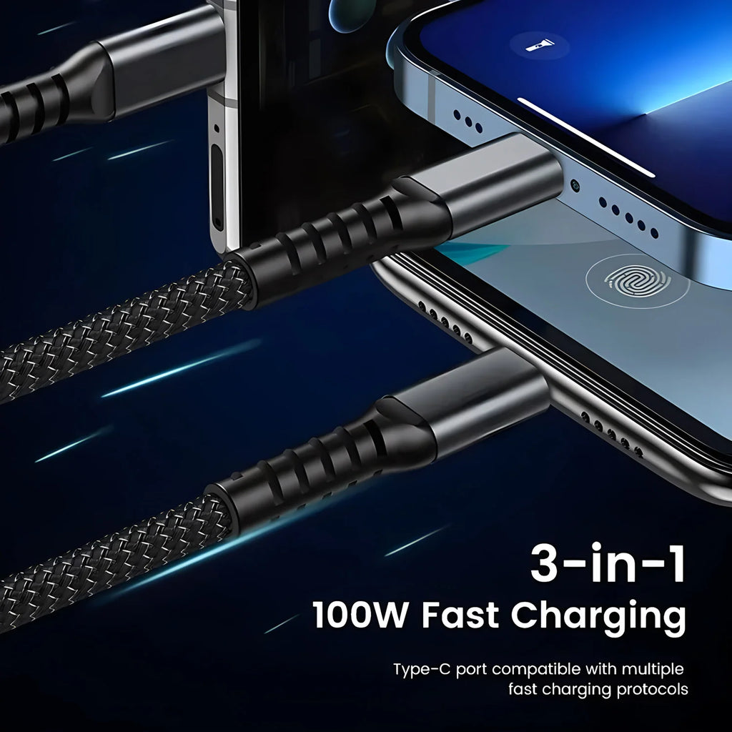100W 3-in-1 Fast Charging Cable - USB-C, Lightning, & Micro USB
