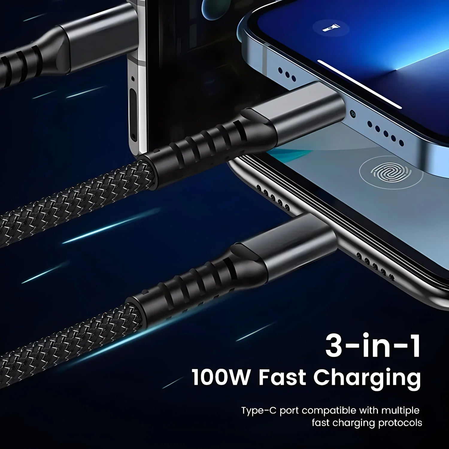 100W 3-in-1 Fast Charging Cable - USB-C, Lightning, & Micro USB