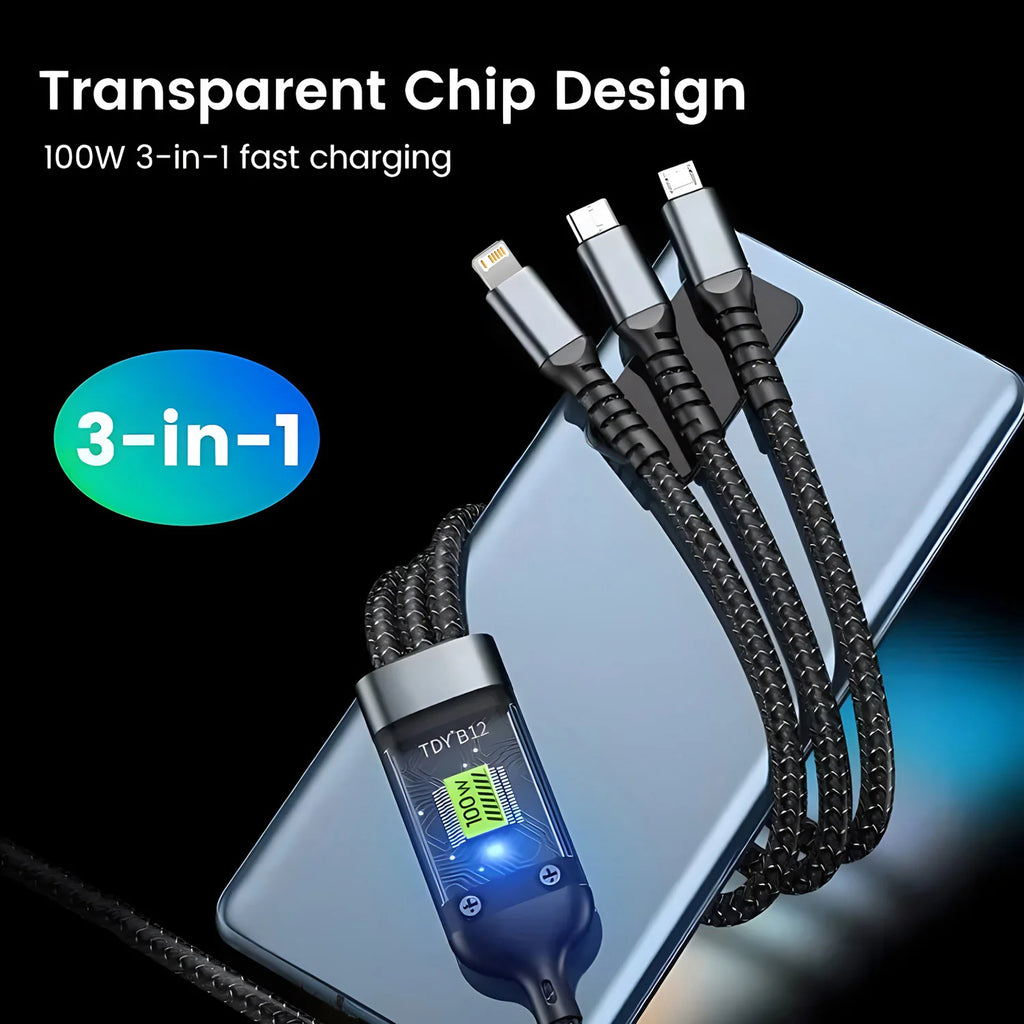 100W 3-in-1 Fast Charging Cable - USB-C, Lightning, & Micro USB