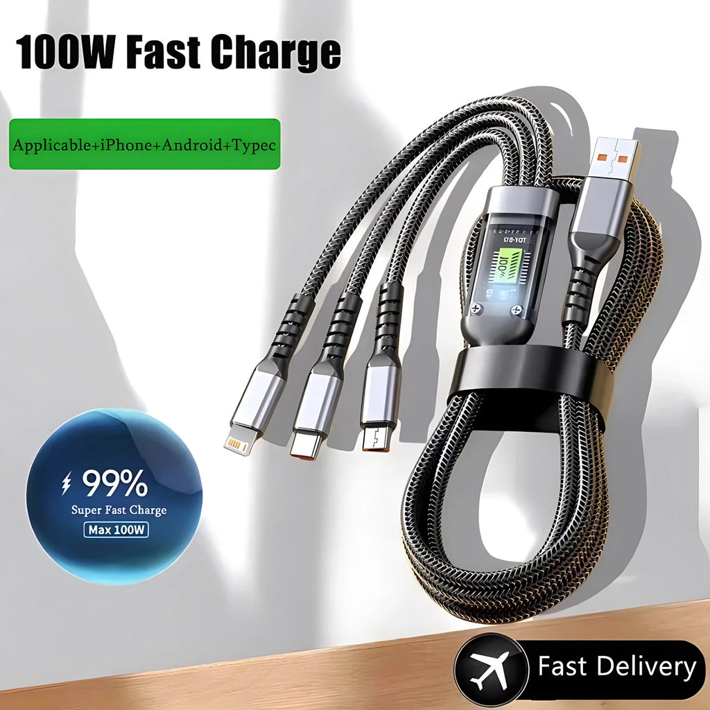 100W 3-in-1 Fast Charging Cable - USB-C, Lightning, & Micro USB