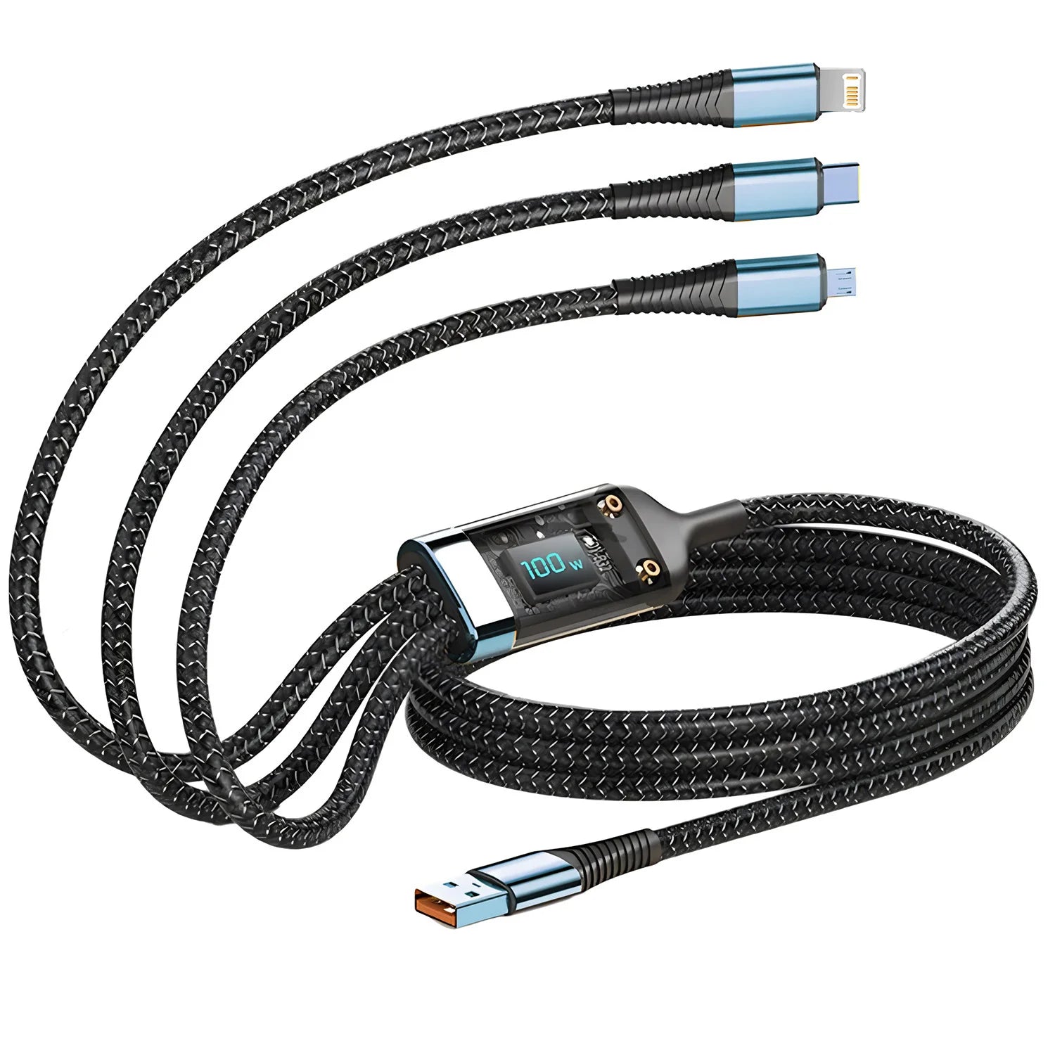 100W 3-in-1 Fast Charging Cable - USB-C, Lightning, & Micro USB